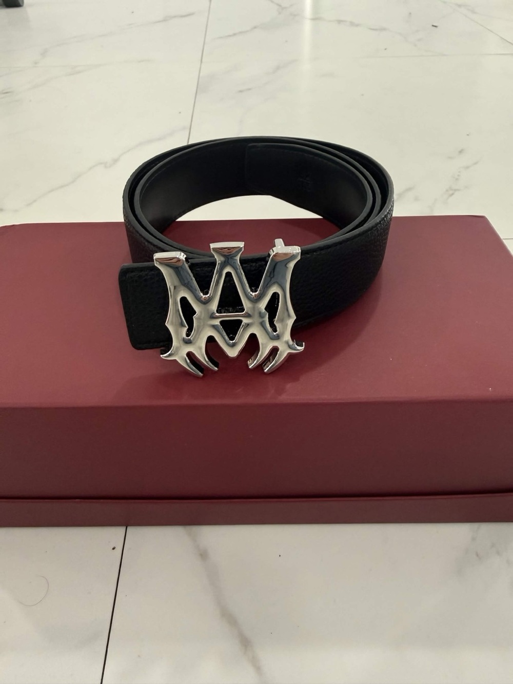 Amiri MA Logo Silver Belt Vegan Leather Size 32